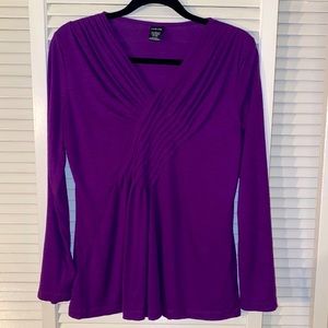 Purple Knit Top Long Sleeve V-Neck with Pleated Crossover Detailing